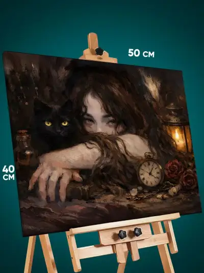 Картина на стену Девушка Портрет готическая с котом 40x50