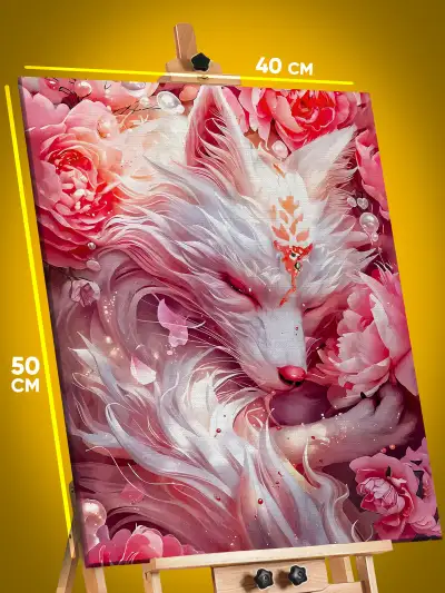 Картина на стену Девушка Япония Гейша лиса кицунэ розы 40x50